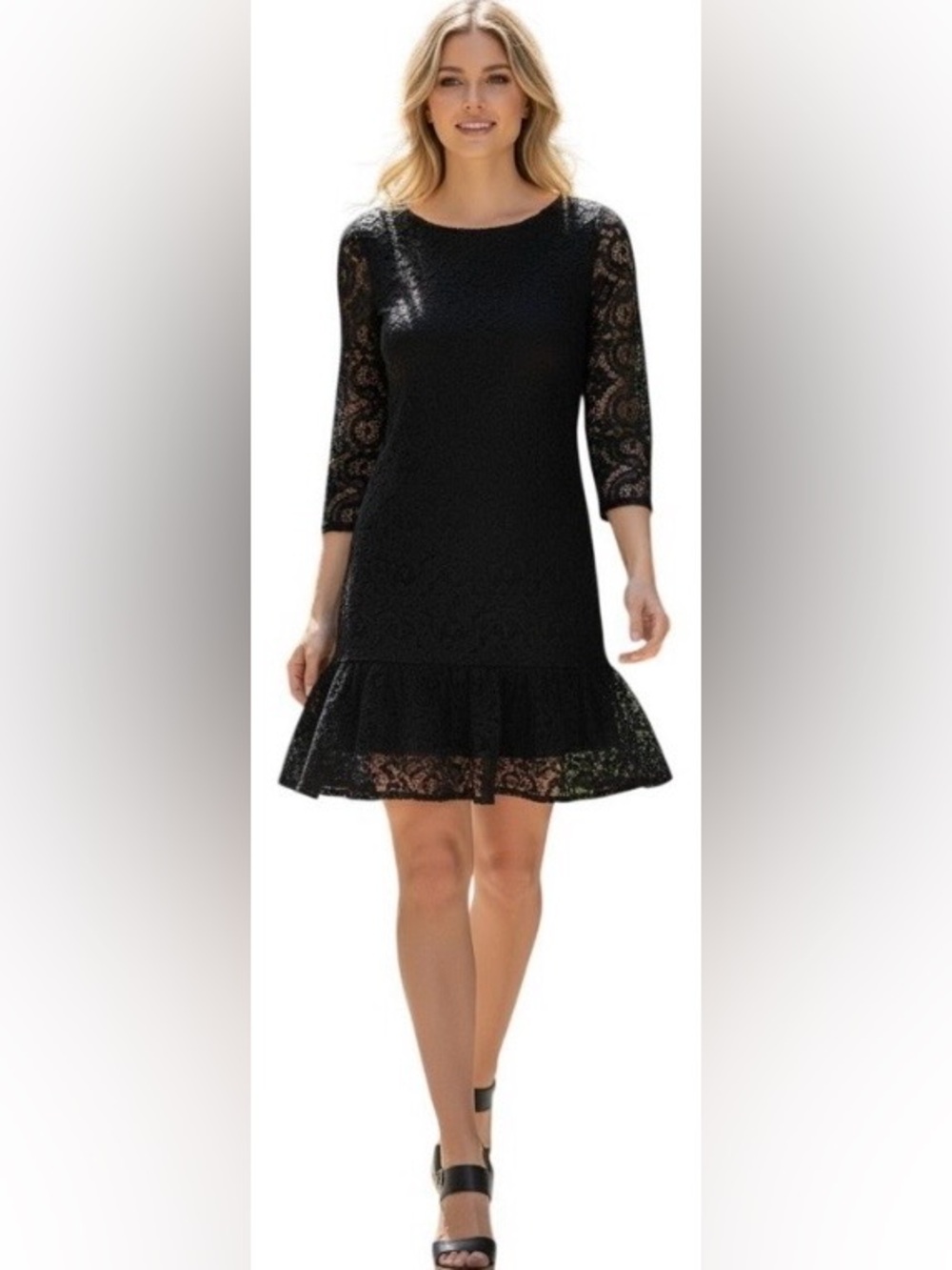 Free People Black Lace Fit & Flare Dress 3/4 Sleeve Boho Size 0 xsmall - Picture 2 of 9